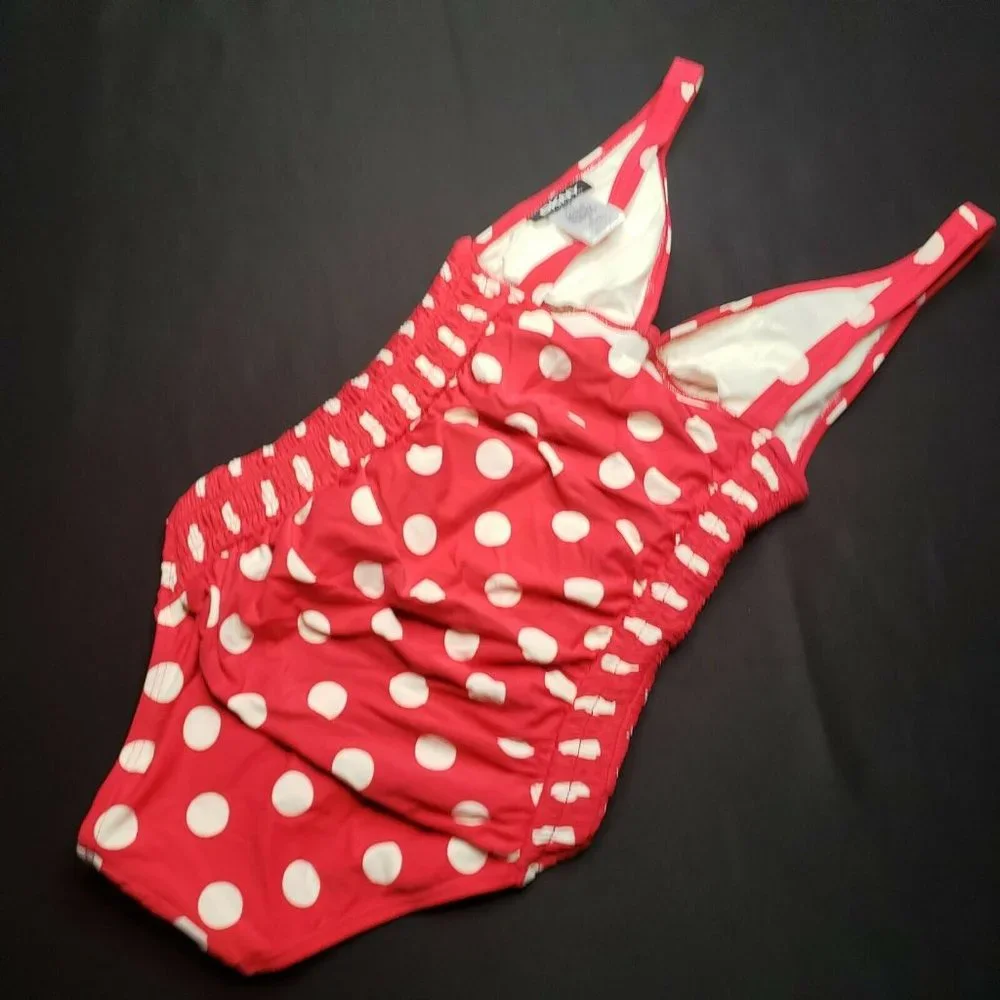 DKNY Swimwear One Piece 4 Red White Polka Dot - Picture 3 of 11
